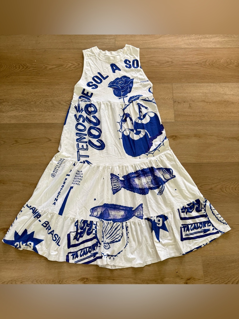 FARM Rio Rainha Das Águas T-Shirt Dress Tiered Midi Cotton Size M - Picture 1 of 7